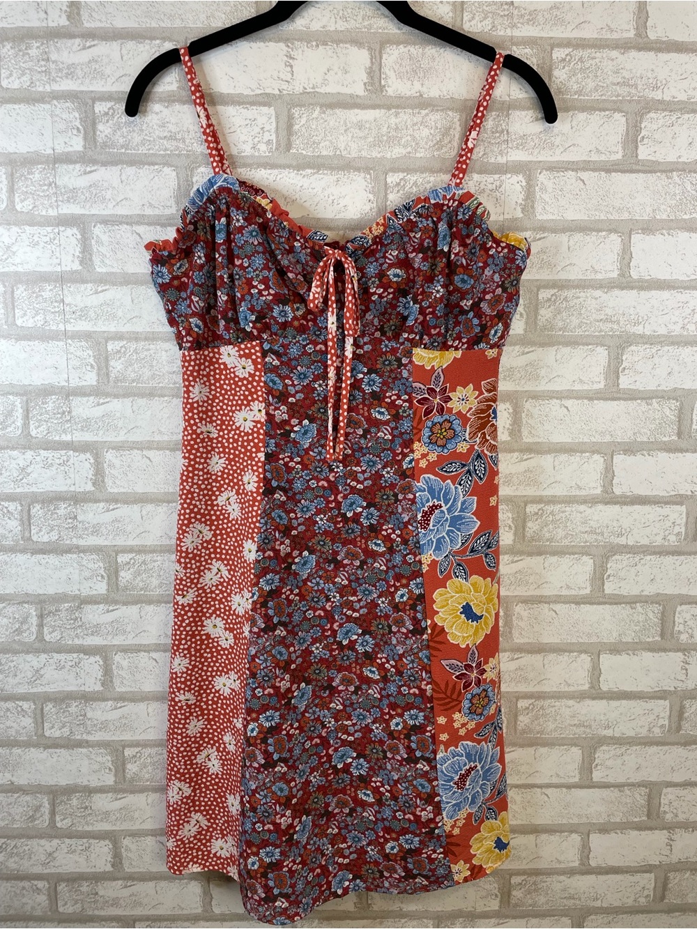Bar III Patchwork Floral Mini Dress Spaghetti Strap Multi-Color S